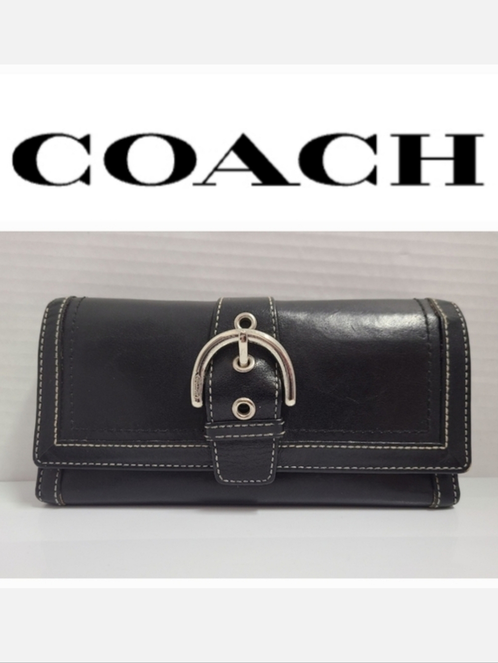Coach Black Leather VINTAGE SOHO Tri-Fold Wallet with Silver Buckle